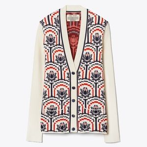 Tory Sport Merino Floral Jacquard Cardigan (SMALL)